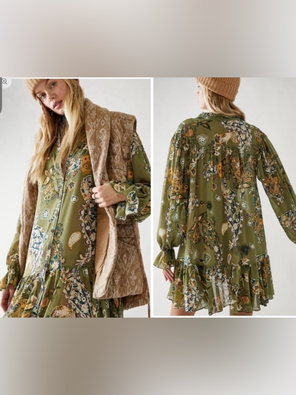 Free People Ibiza Nights Mini Dress Small Natural Green Button Front $148  NWT